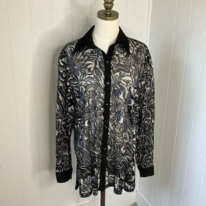 Clara S Womens 3X Button Front Blouse Black Gray Sheer Long Sleeve Side Slits
